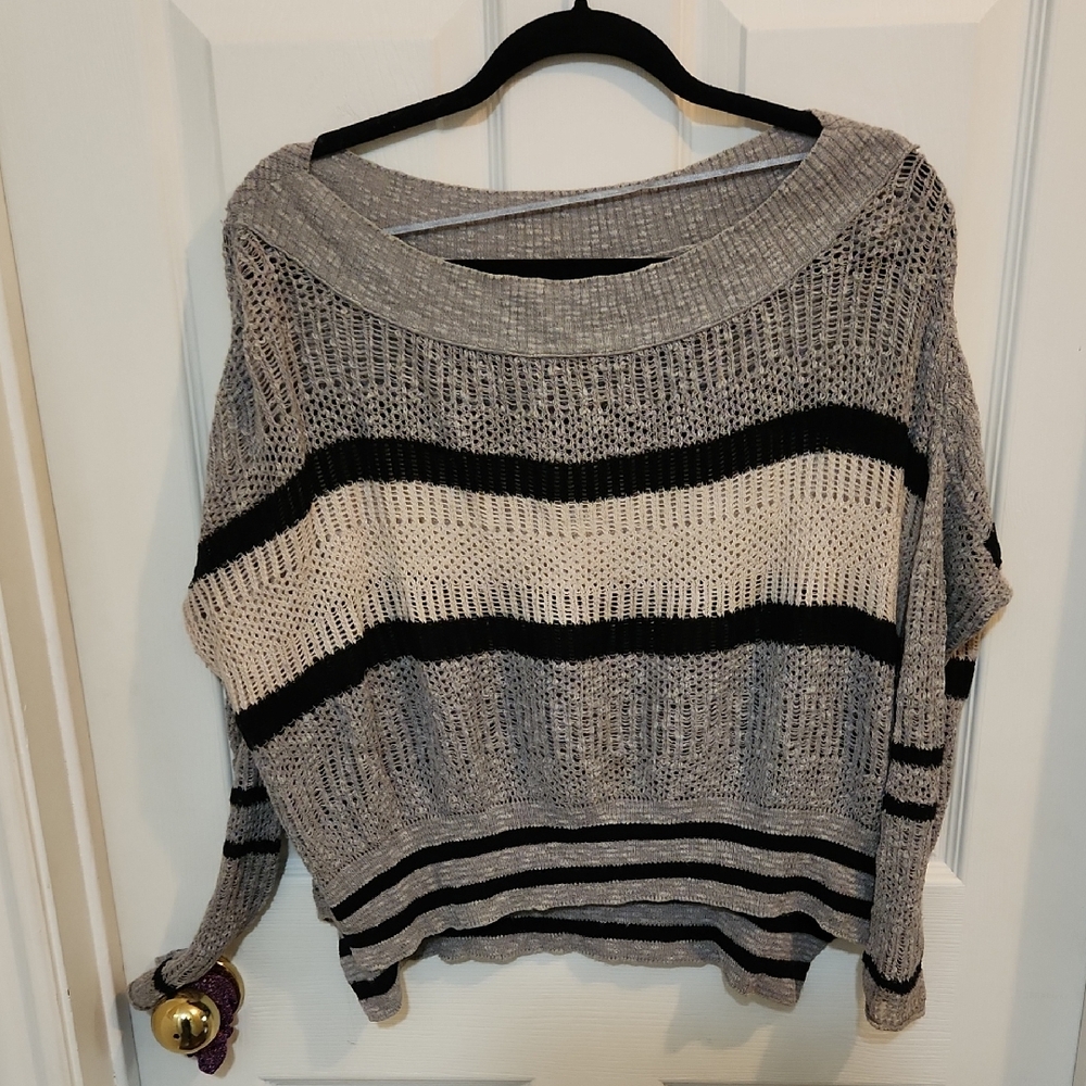 FREE PEOPLE Striped Linen/Cotton Blend Pointelle Sweater in Boucle yarn